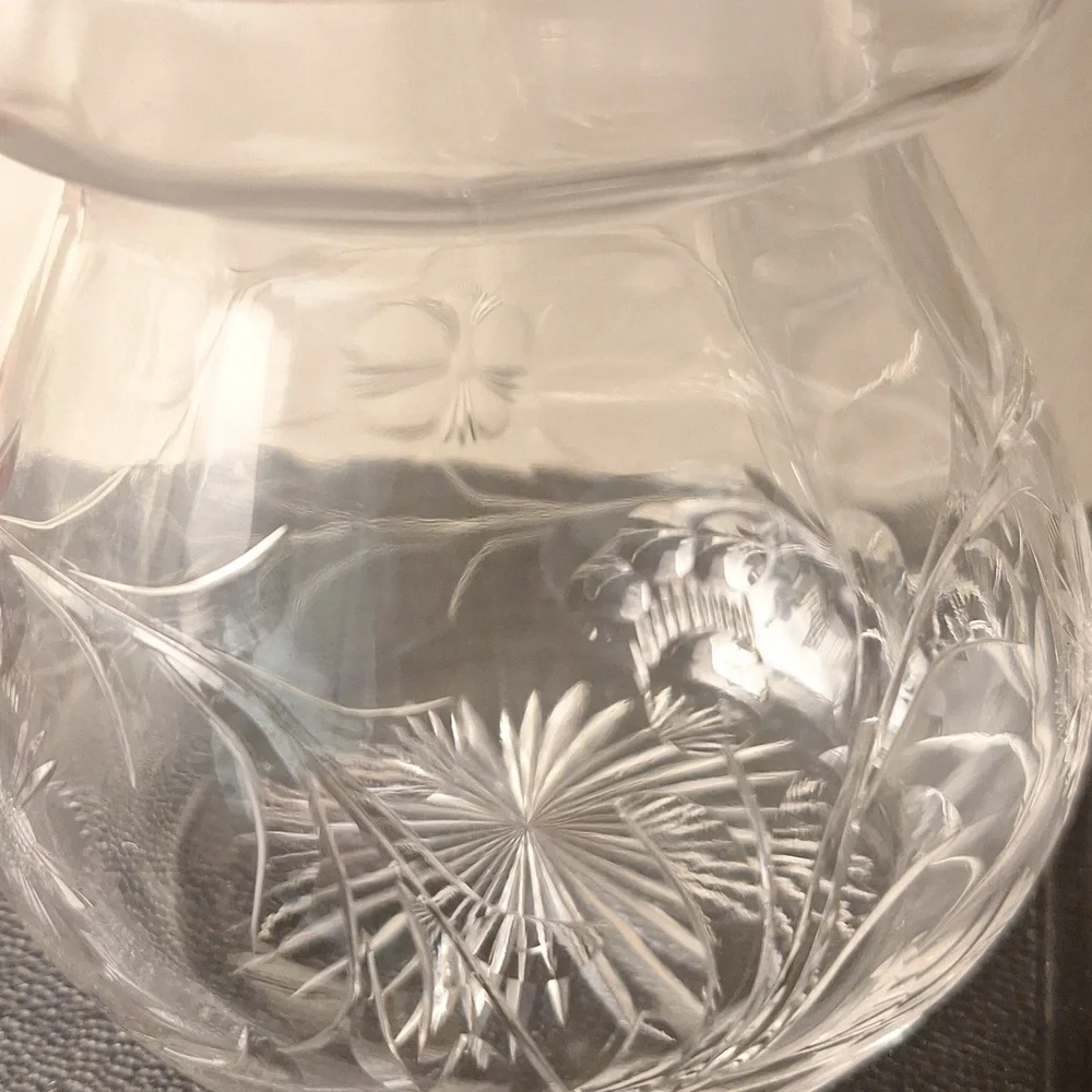 Vintage Glass Bulbous Rose Vase Engraved Floral and Leaf Pattern 4